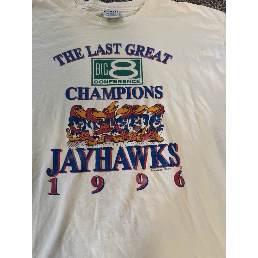 Vintage 1996 Kansas Jayhawks Big 8 Champions T-Shirt XL White Y2K Gildan 90s